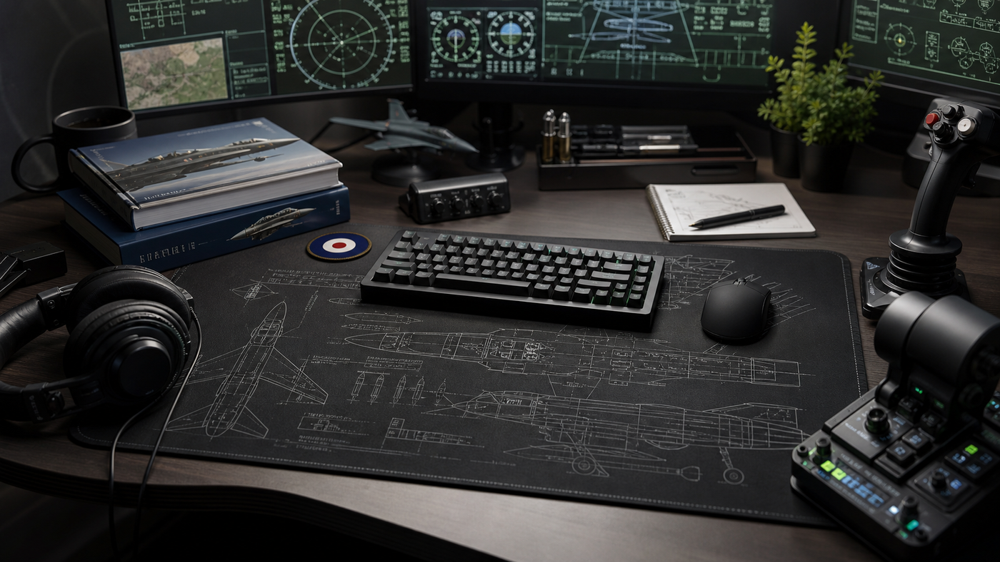 Military aviation themed desk setup with flight simulation gear and aircraft desk mat