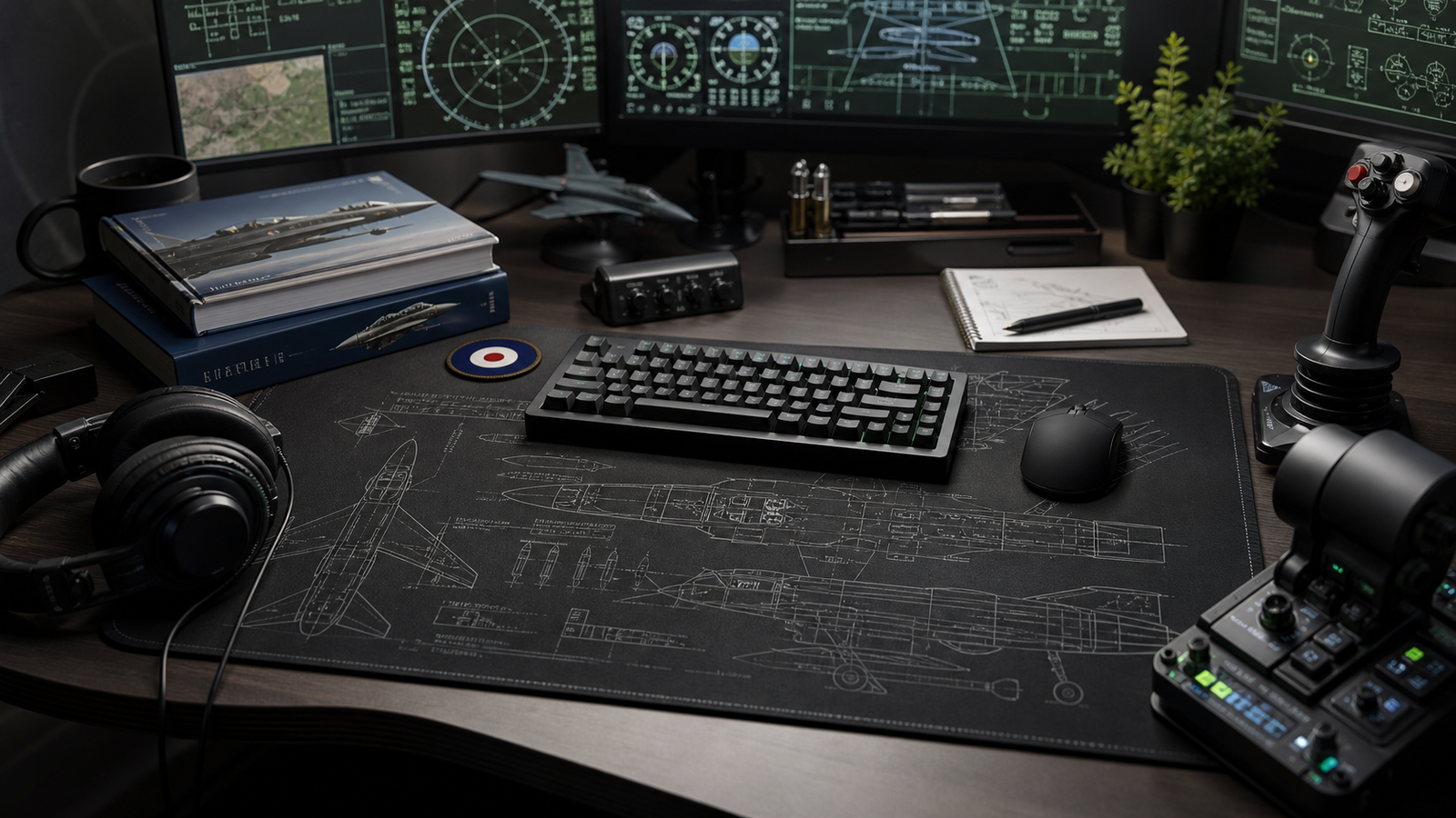 Military aviation themed desk setup with flight simulation gear and aircraft desk mat