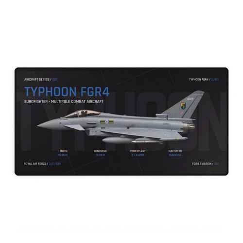 Typhoon FGR4 Aircraft Series Night desk mat with a side-profile aircraft, technical labels and dark surrounding space