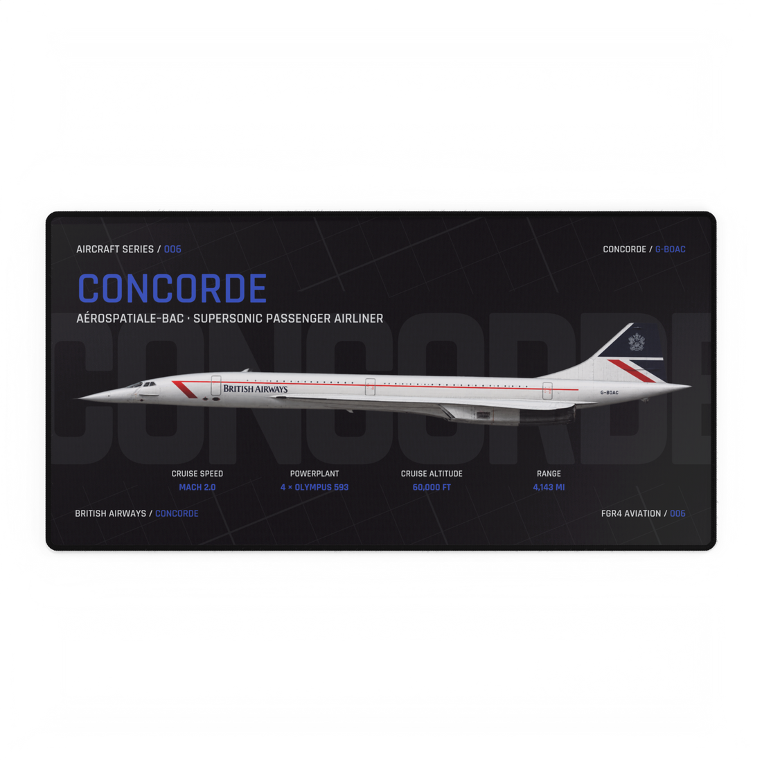 Concorde Aircraft Desk Mat product artwork: side profile across the centre, large Concorde title above and smaller labels below