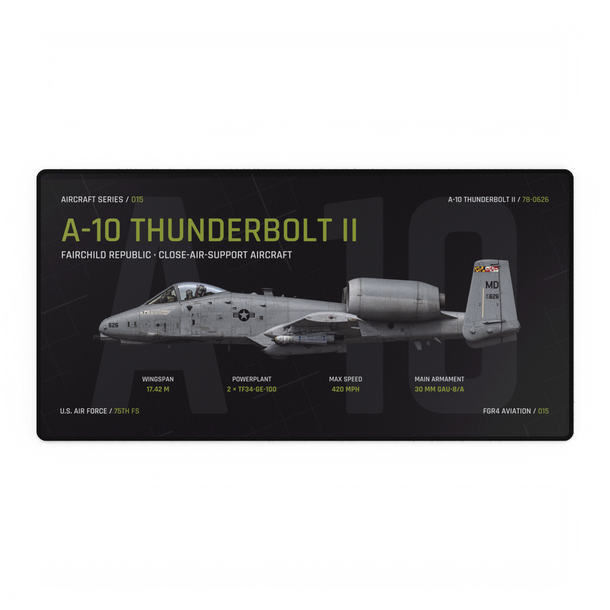 Owned FGR4 A-10 Thunderbolt II Aircraft Desk Mat Night Edition showing the aircraft in side profile