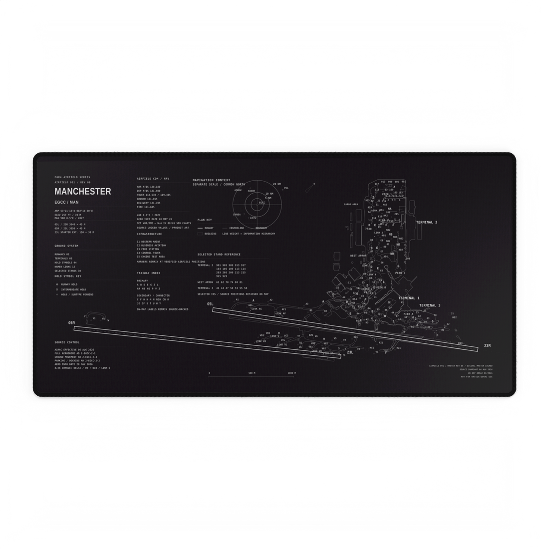 FGR4 Manchester Airfield Desk Mat product visual with runway lines and terminal geometry on a dark background