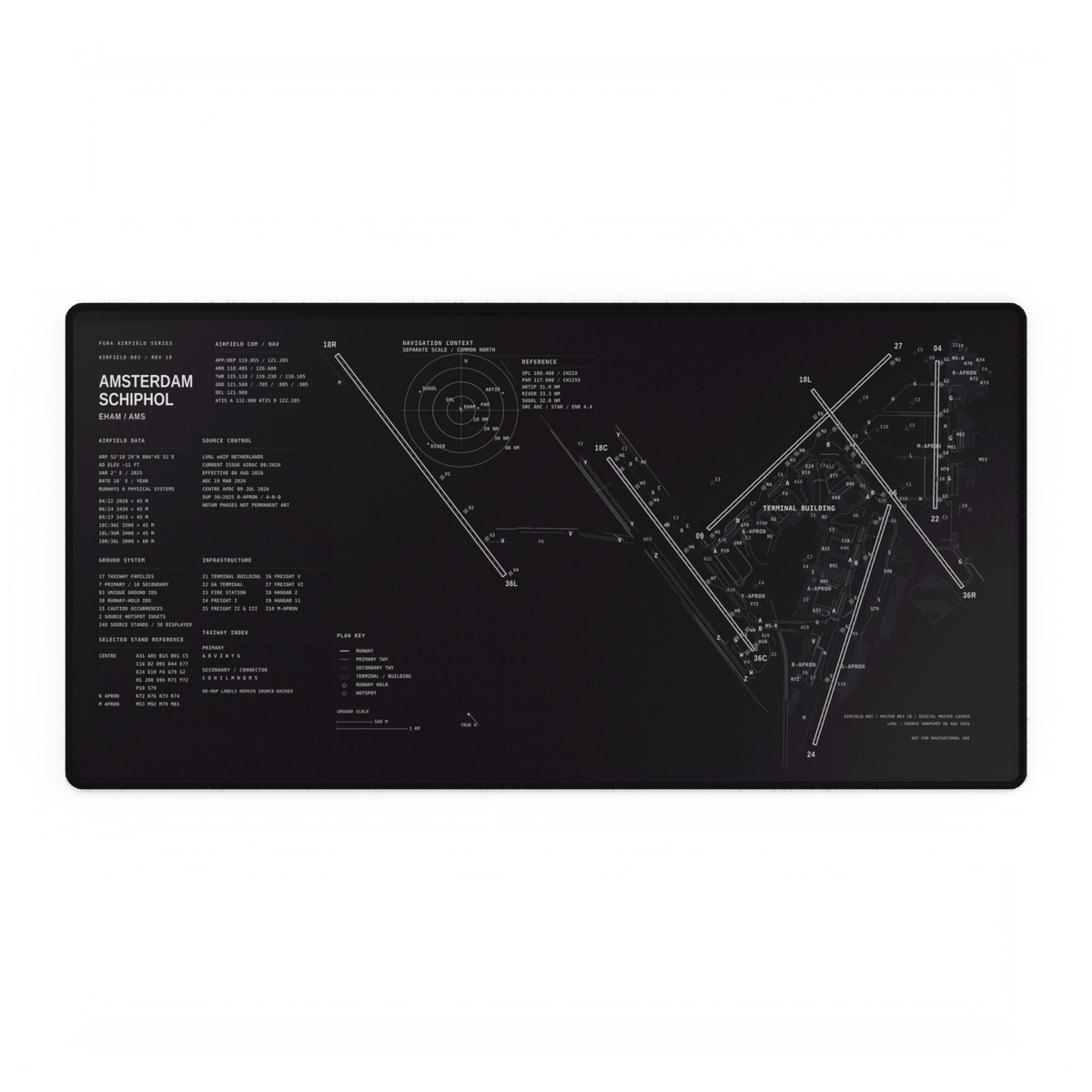 Owned FGR4 Amsterdam Schiphol Airfield Desk Mat artwork showing the airport's multi-direction runway and terminal layout