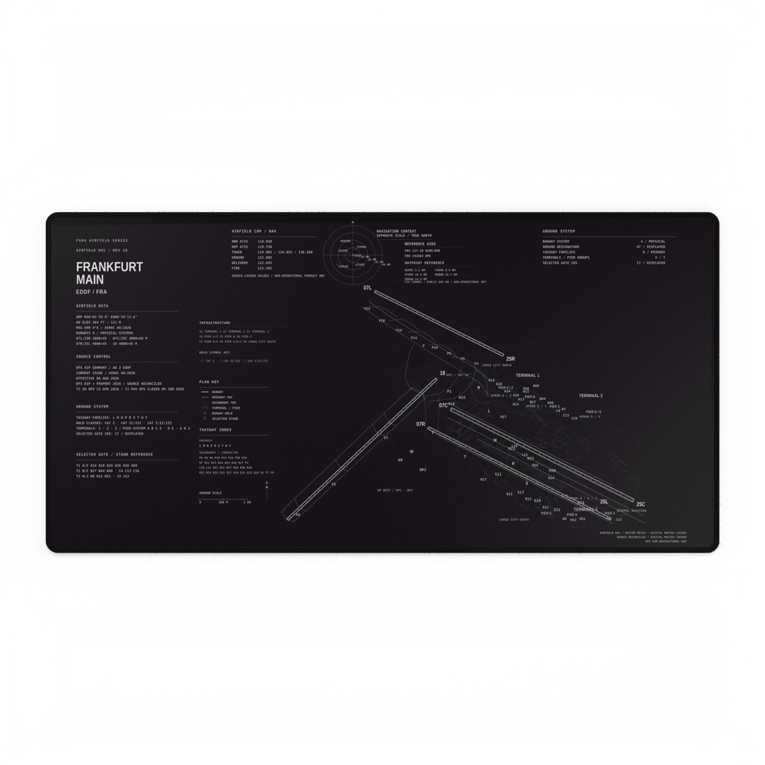 Frankfurt Main Airfield Desk Mat product artwork showing its airport layout and technical labels