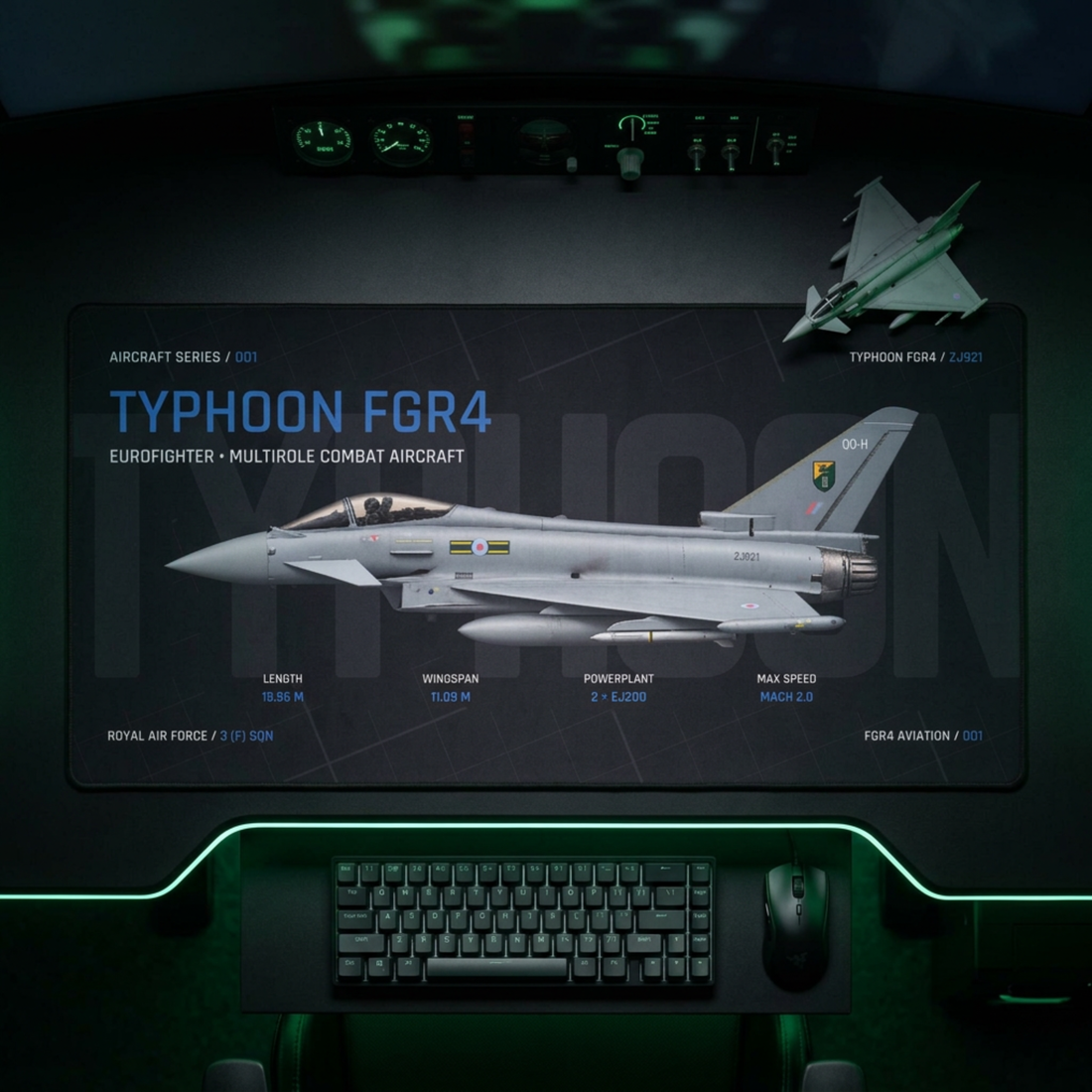 Owned FGR4 Typhoon FGR4 product mockup showing the desk mat above a compact keyboard and mouse in a dark setup