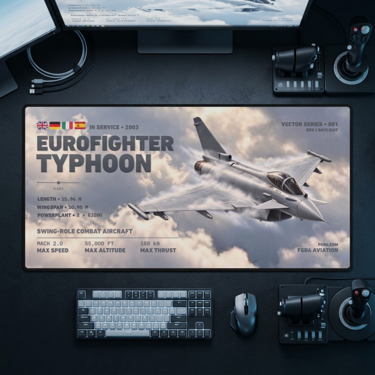 Eurofighter Typhoon Vector Desk Mat arranged with a keyboard, mouse and flight-sim controls
