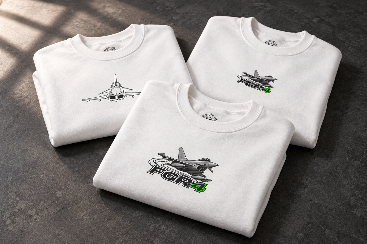 Three FGR4 aviation sweatshirts on a dark textured workspace