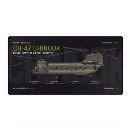 CH-47 Chinook Aircraft Series Night Edition desk mat with side-profile RAF CH-47 Chinook ZA718 technical design