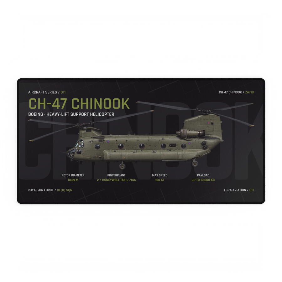 CH-47 Chinook Aircraft Series Night Edition desk mat with side-profile RAF CH-47 Chinook ZA718 technical design