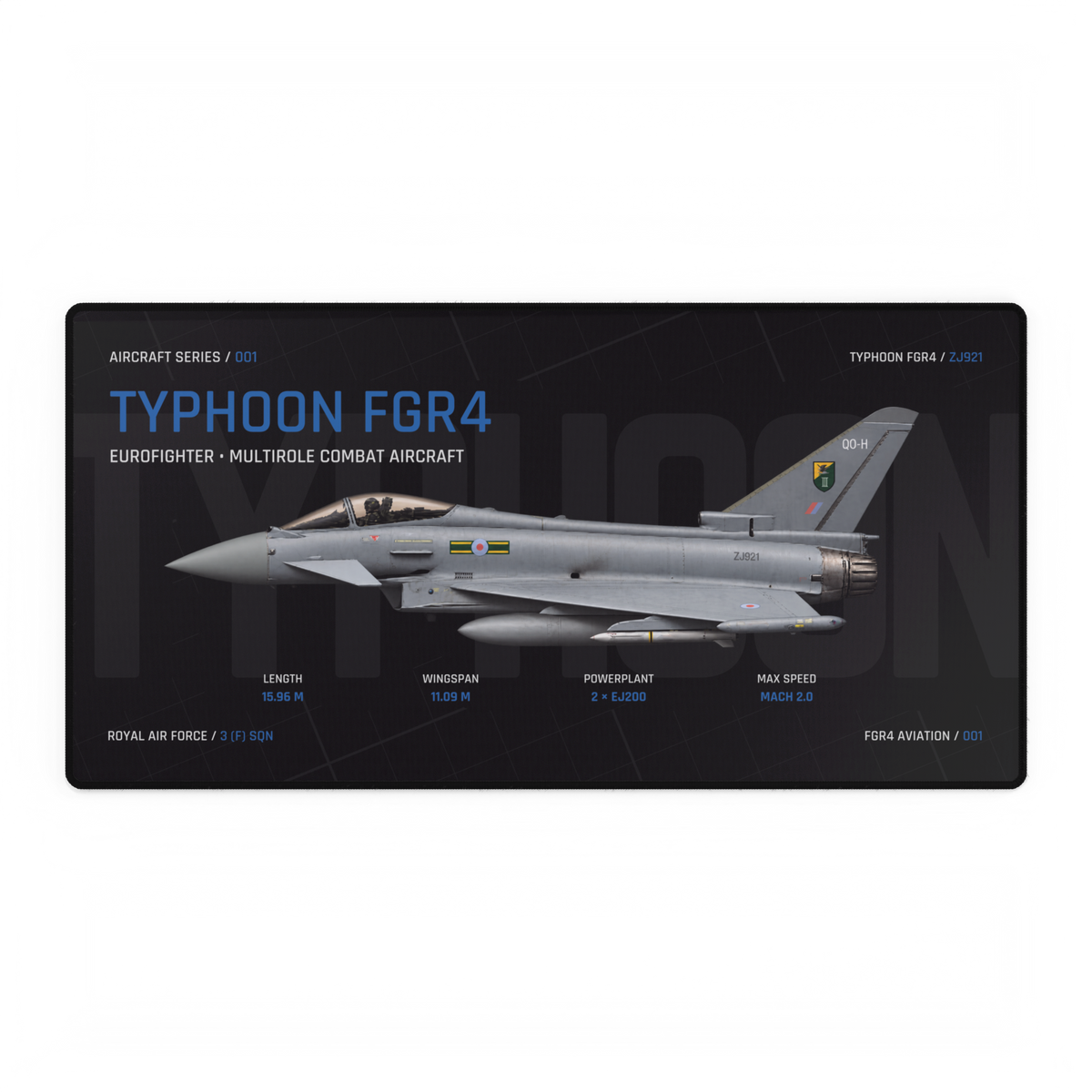 Typhoon FGR4 Aircraft Series Night Edition desk mat with side-profile RAF Typhoon FGR4 ZJ921 technical design