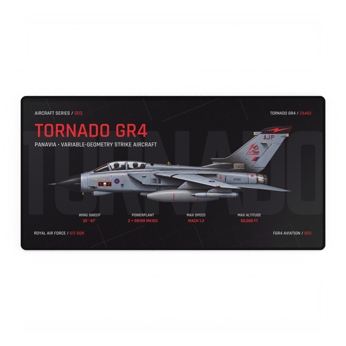 Tornado GR4 Aircraft Series Night Edition desk mat with side-profile RAF Tornado GR4 ZA462 technical design