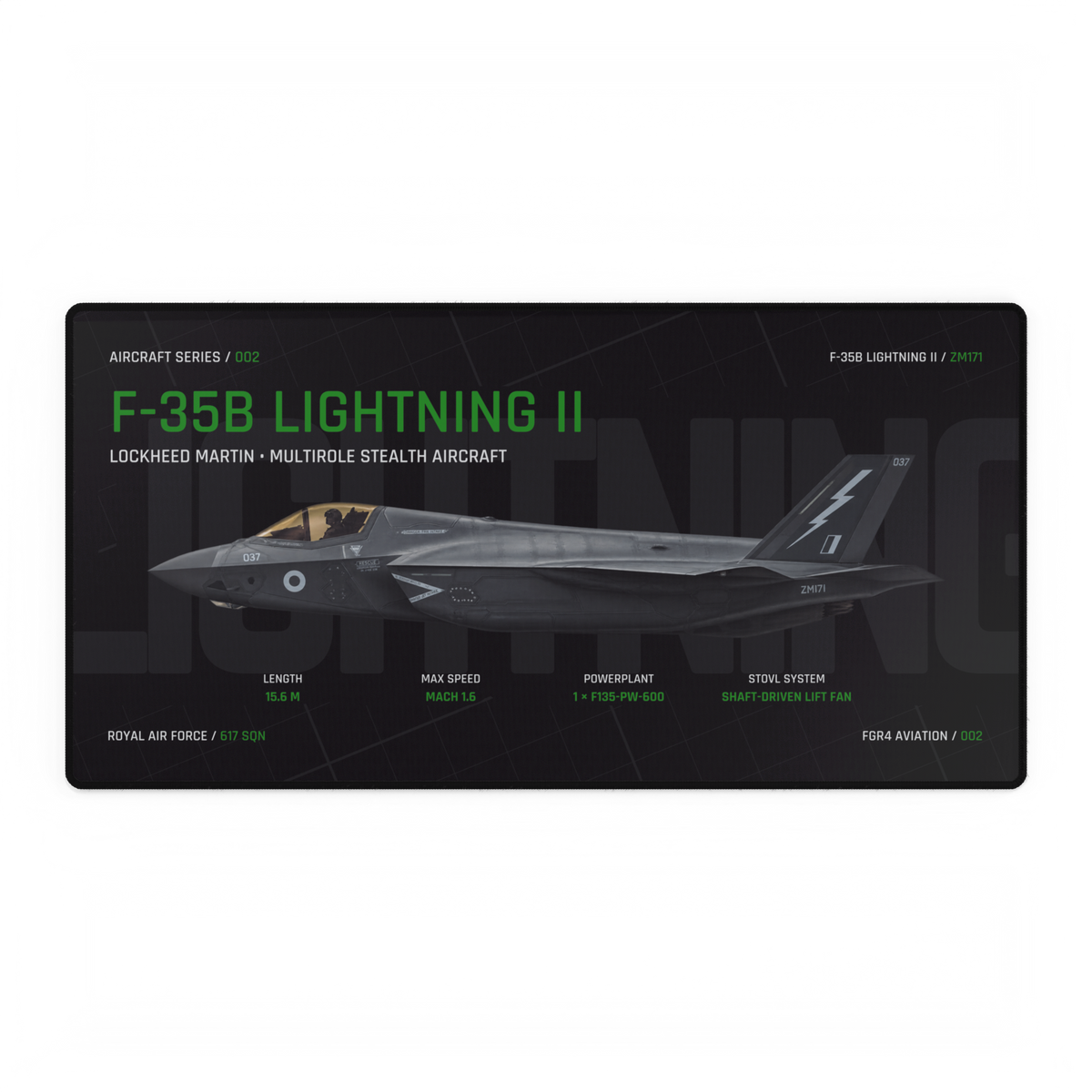 F-35B Lightning II Aircraft Series Night Edition desk mat with side-profile RAF F-35B Lightning II ZM171 technical design