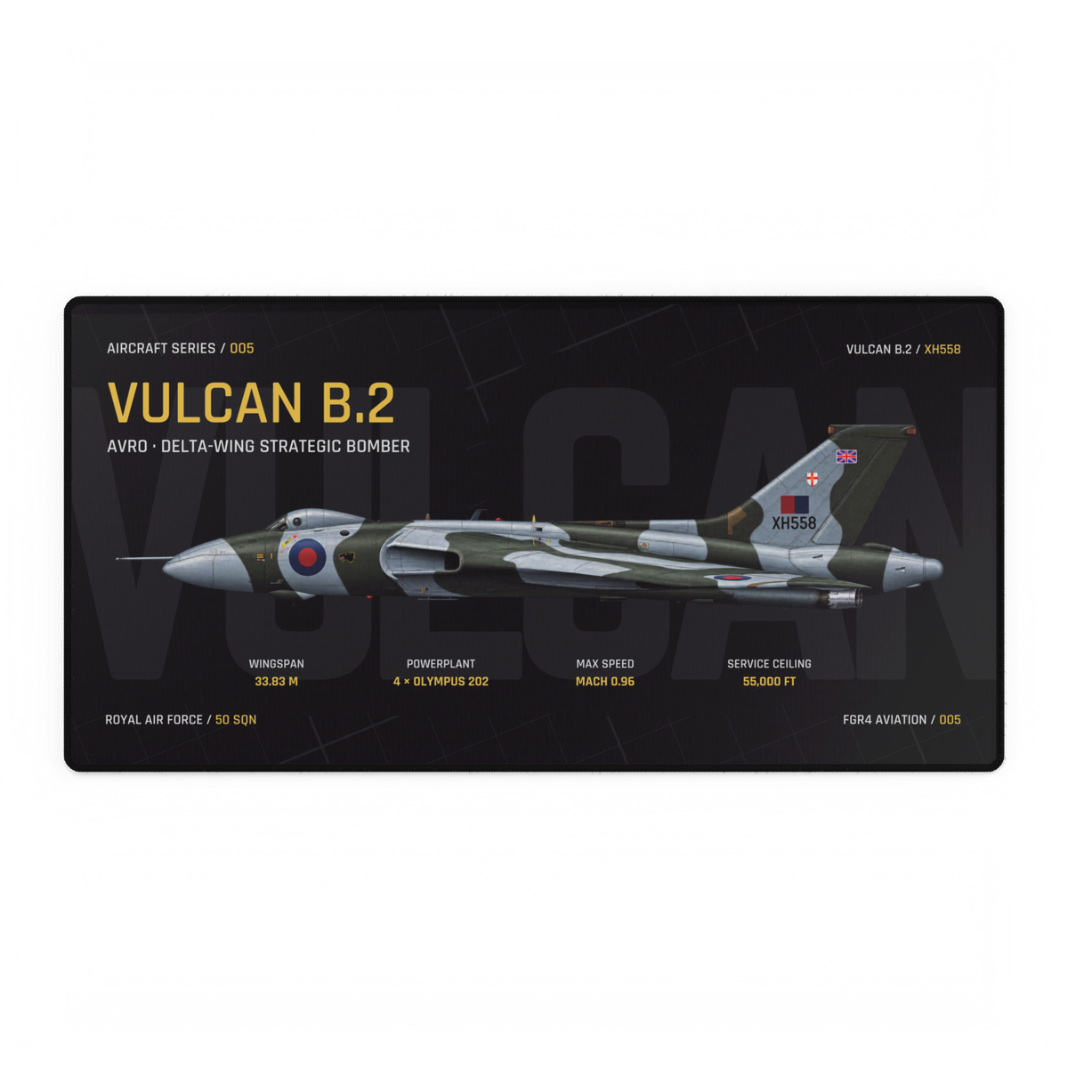 Vulcan B.2 Aircraft Series Night Edition desk mat with side-profile RAF Vulcan B.2 XH558 technical design
