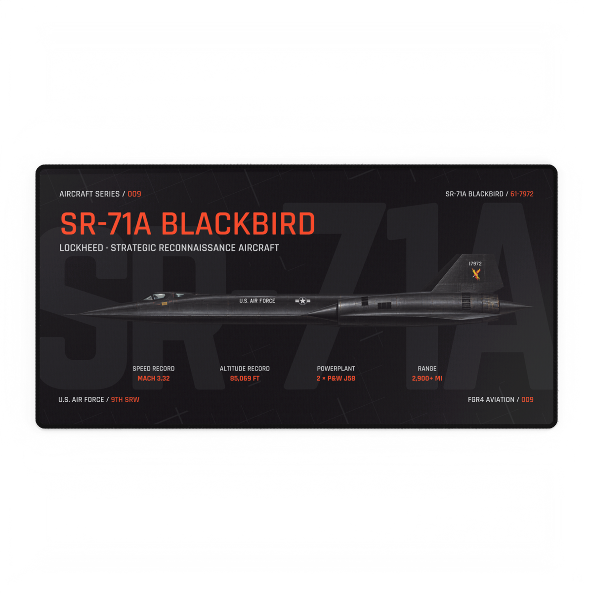 SR-71 Blackbird Aircraft Series Night Edition desk mat with side-profile U.S. Air Force SR-71A Blackbird 61-7972 technical design