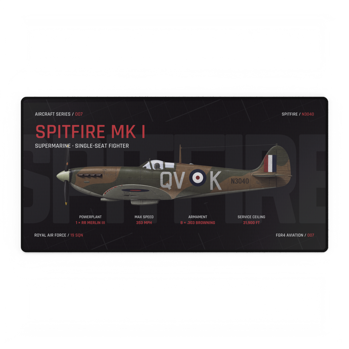 Spitfire Aircraft Series Night Edition desk mat with side-profile RAF Spitfire Mk I N3040 technical design