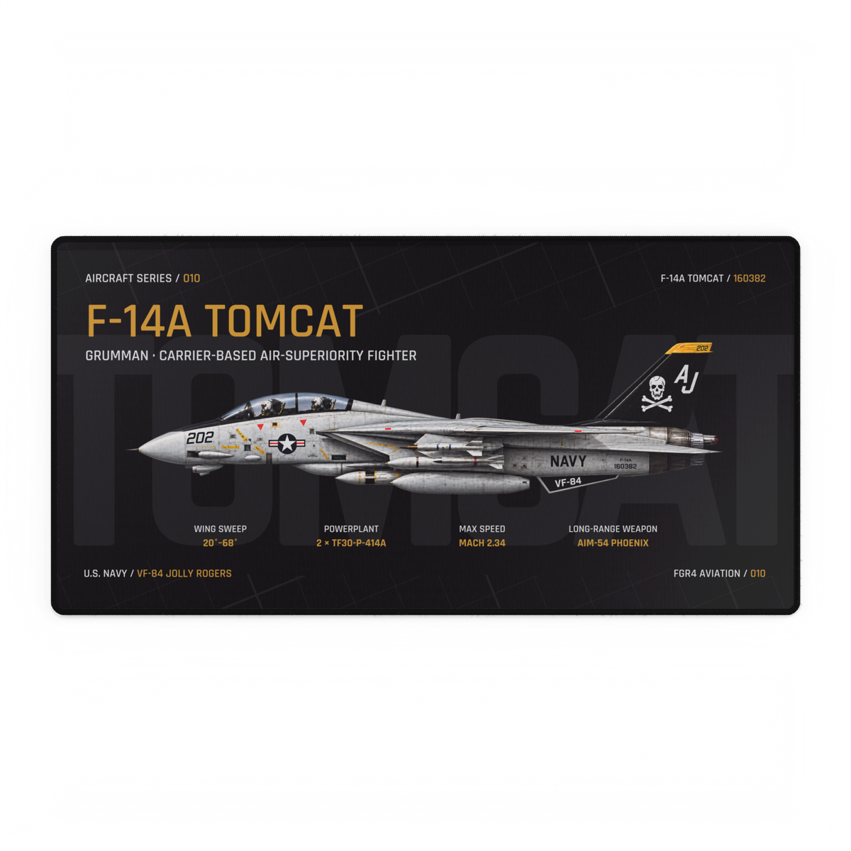 F-14 Tomcat Aircraft Series Night Edition desk mat with side-profile U.S. Navy F-14A Tomcat 160382 technical design