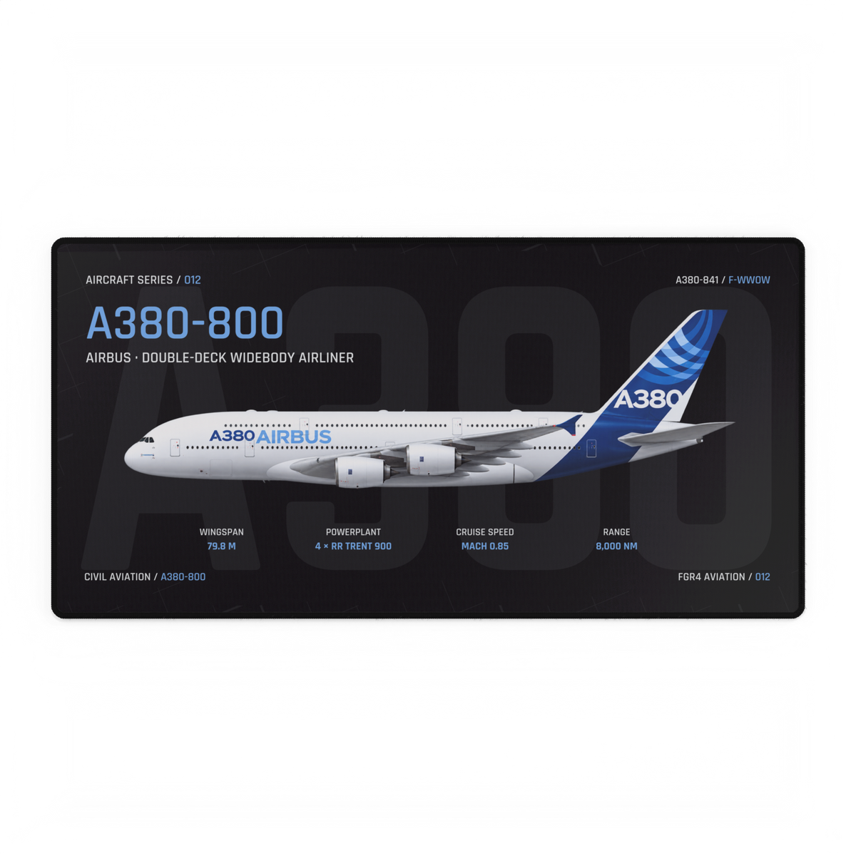 A380-800 Aircraft Series Night Edition desk mat with side-profile Airbus A380-841 F-WWOW technical design