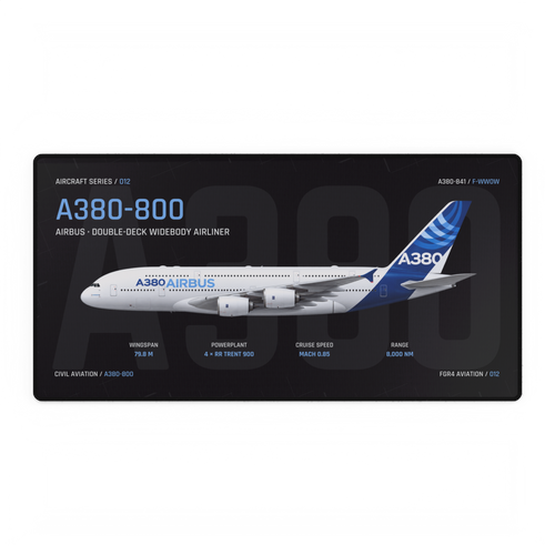 A380-800 Aircraft Series Night Edition desk mat with side-profile Airbus A380-841 F-WWOW technical design