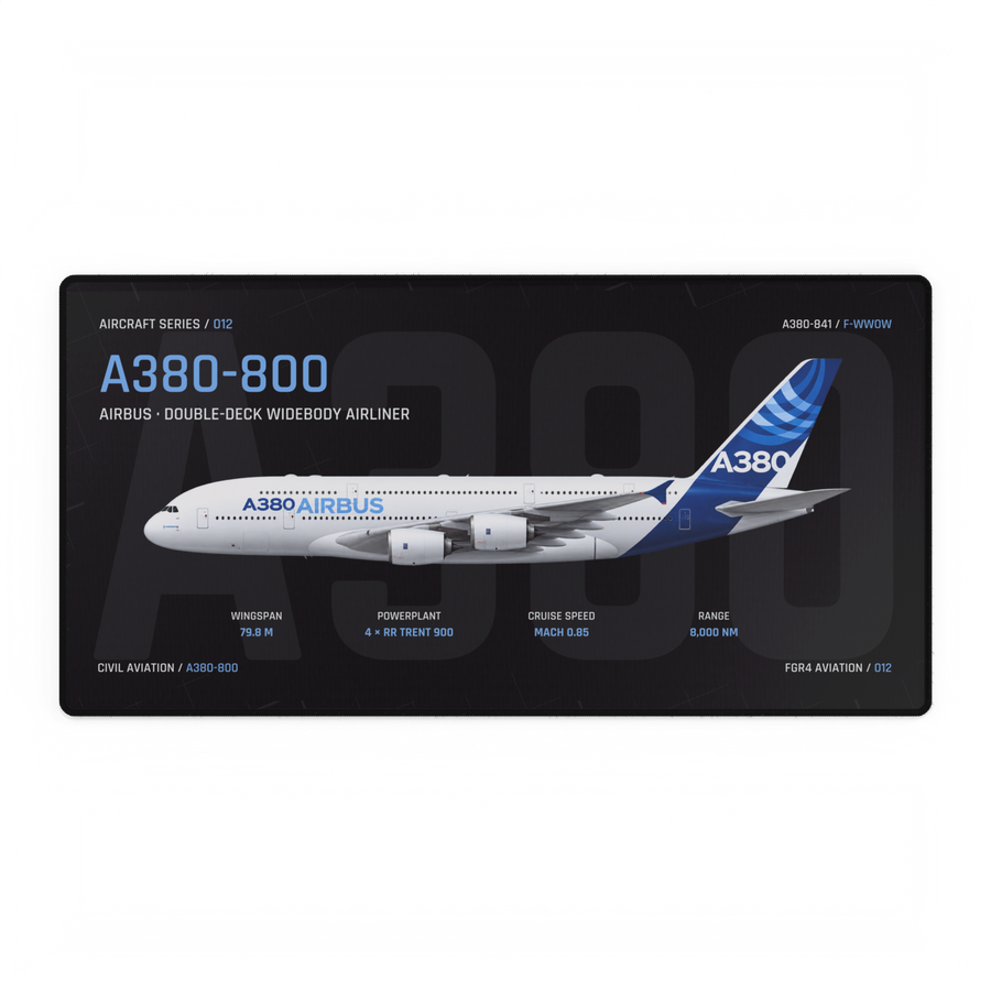 A380-800 Aircraft Series Night Edition desk mat with side-profile Airbus A380-841 F-WWOW technical design