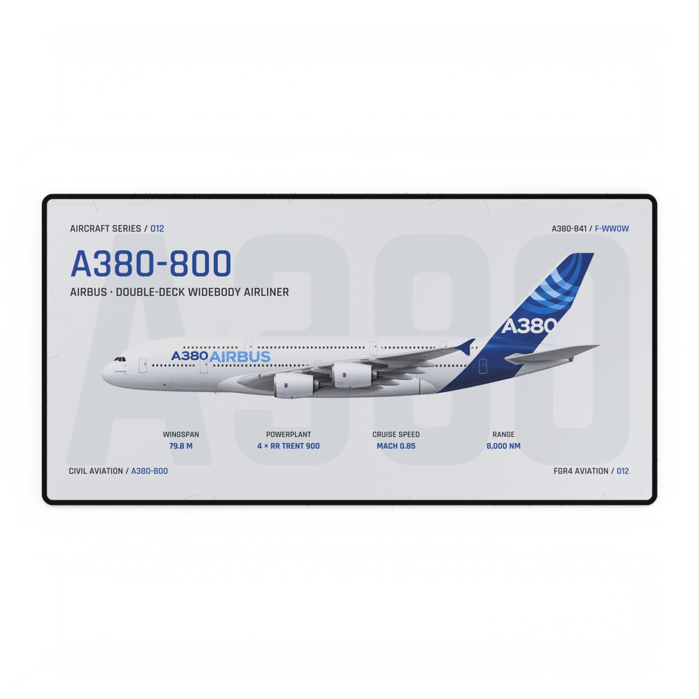 A380-800 Aircraft Series Studio Edition desk mat with side-profile Airbus A380-841 F-WWOW technical design