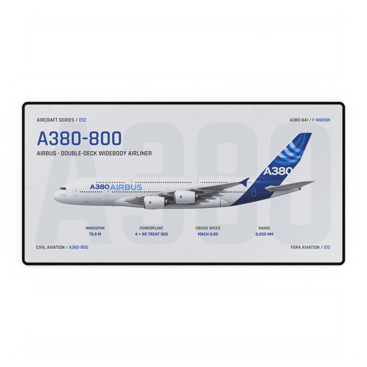 A380-800 Aircraft Series Studio Edition desk mat with side-profile Airbus A380-841 F-WWOW technical design