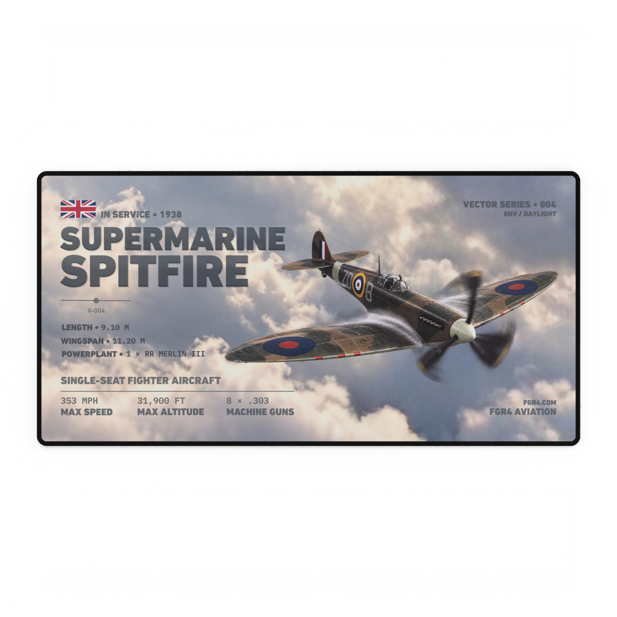 Supermarine Spitfire Vector Series Daylight desk mat with aircraft flying through cloud