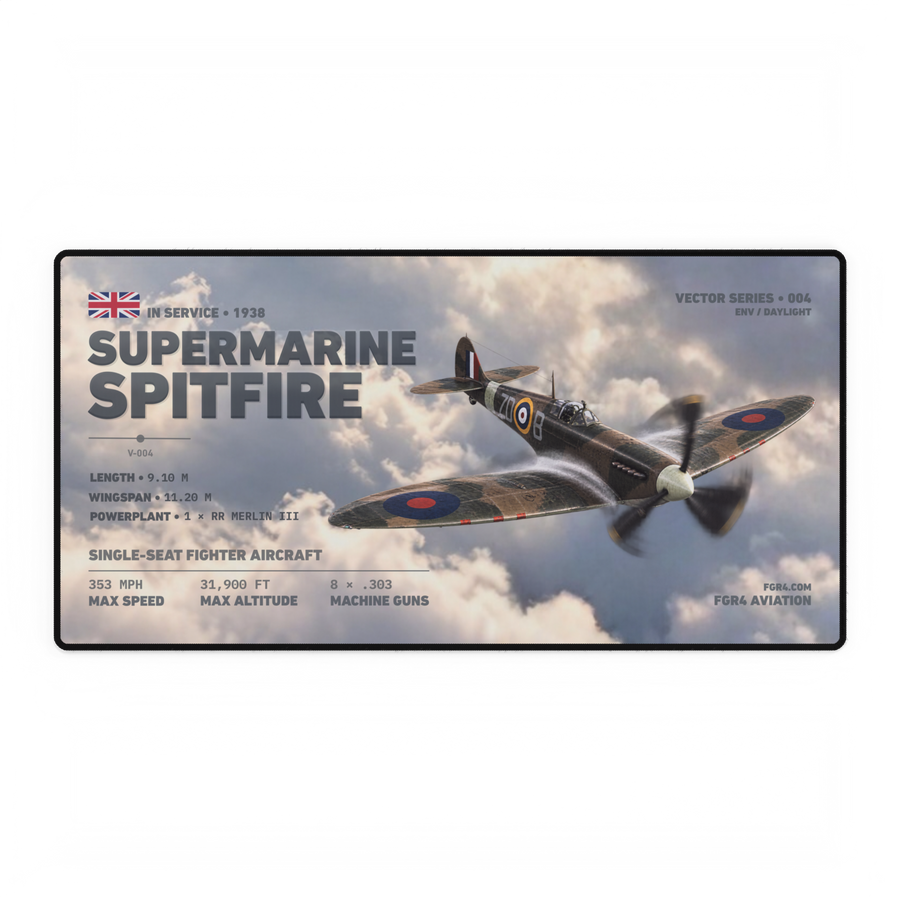 Supermarine Spitfire Vector Series Daylight desk mat with aircraft flying through cloud
