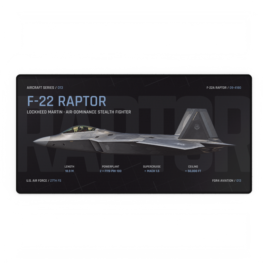 F-22 Raptor Aircraft Series Night Edition desk mat with side-profile U.S. Air Force F-22A Raptor 09-4180 technical design