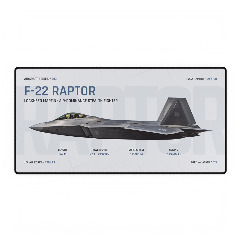 F-22 Raptor Aircraft Series Studio Edition desk mat with side-profile U.S. Air Force F-22A Raptor 09-4180 technical design