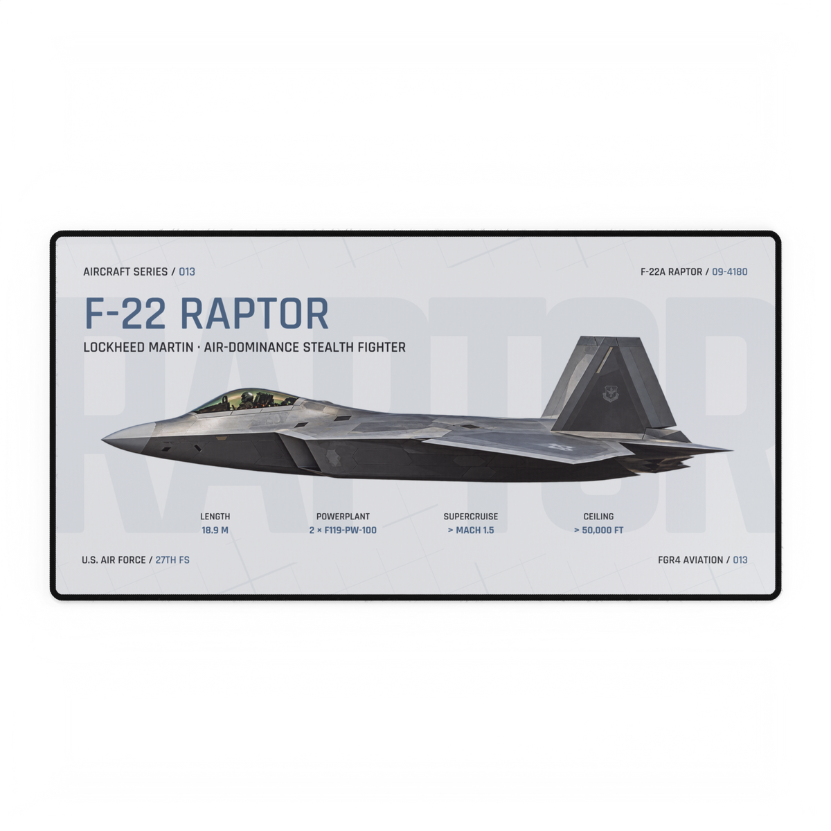 F-22 Raptor Aircraft Series Studio Edition desk mat with side-profile U.S. Air Force F-22A Raptor 09-4180 technical design