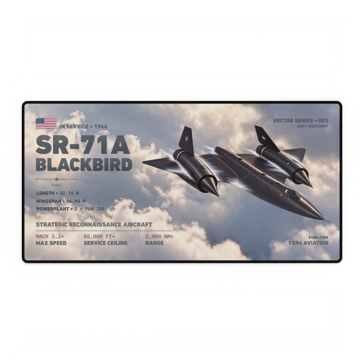 SR-71A Blackbird Vector Series Daylight desk mat with aircraft flying through cloud