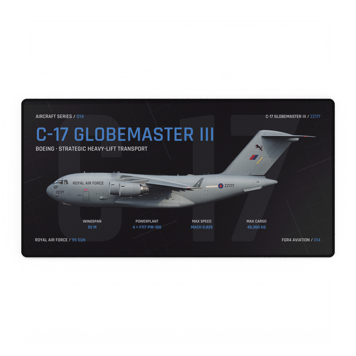 C-17 Globemaster III Aircraft Series Night Edition desk mat with side-profile RAF C-17 Globemaster III ZZ177 technical design