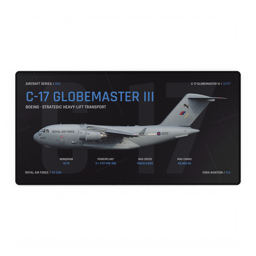 C-17 Globemaster III Aircraft Series Night Edition desk mat with side-profile RAF C-17 Globemaster III ZZ177 technical design