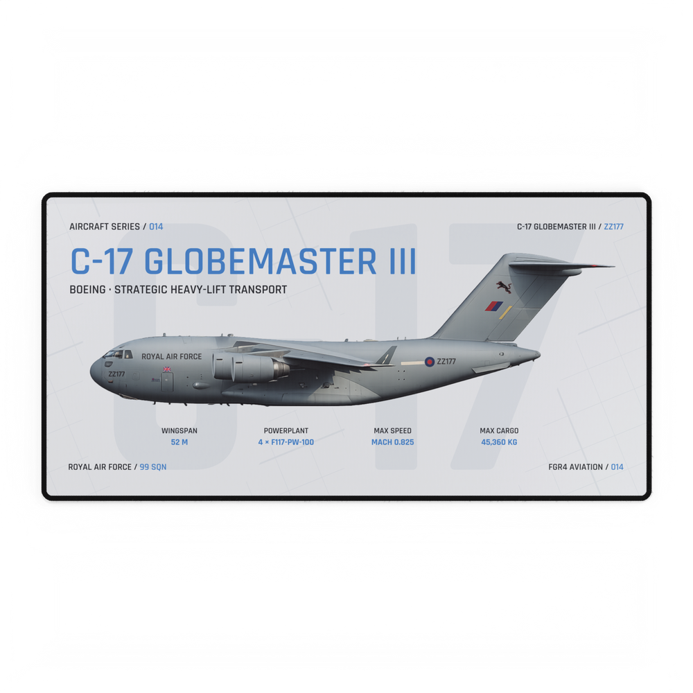 C-17 Globemaster III Aircraft Series Studio Edition desk mat with side-profile RAF C-17 Globemaster III ZZ177 technical design