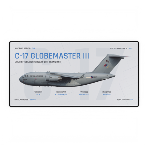 C-17 Globemaster III Aircraft Series Studio Edition desk mat with side-profile RAF C-17 Globemaster III ZZ177 technical design