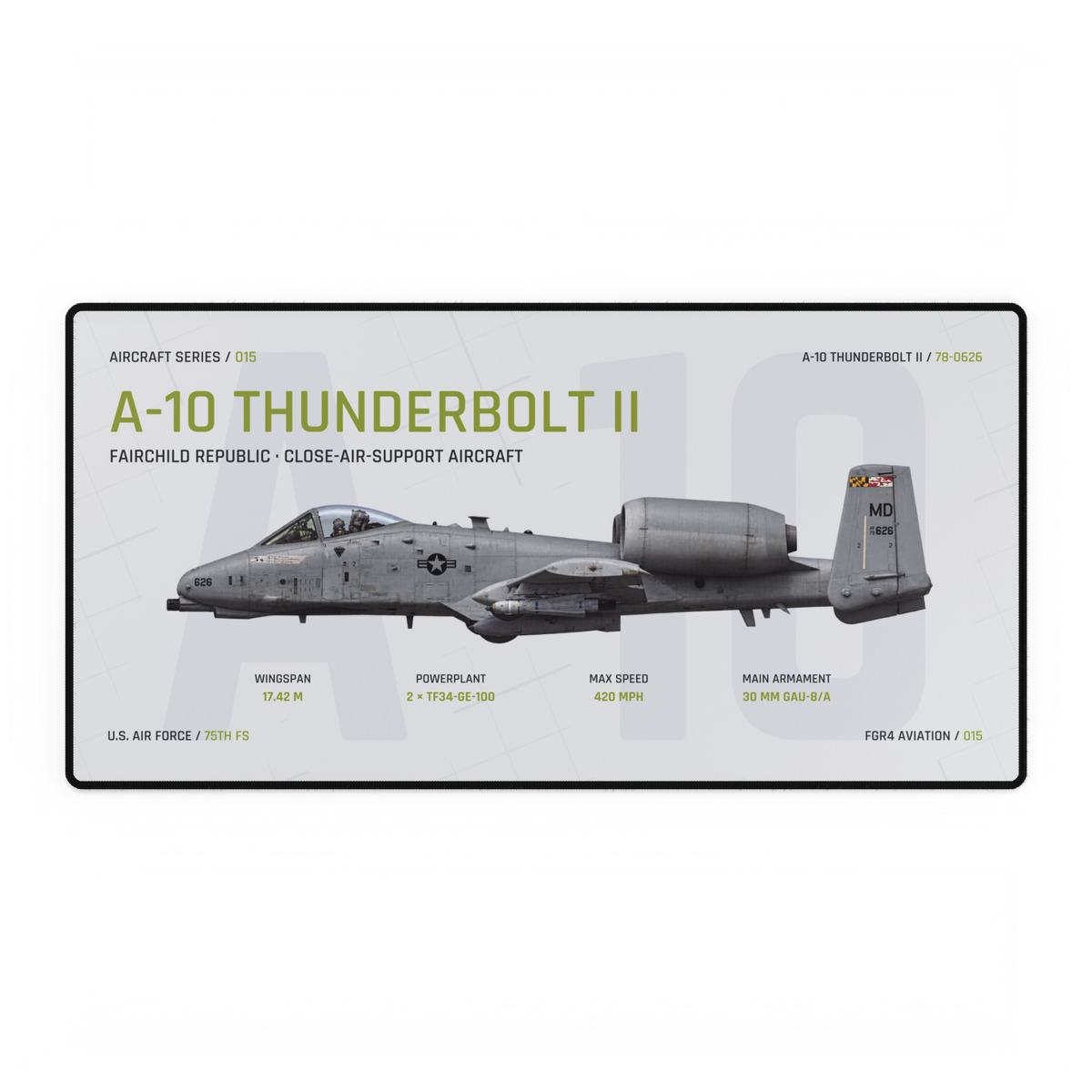 A-10 Thunderbolt II Aircraft Series Studio Edition desk mat with side-profile U.S. Air Force A-10 Thunderbolt II 78-0626 technical design