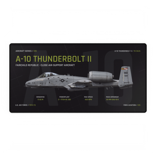 A-10 Thunderbolt II Aircraft Series Night Edition desk mat with side-profile U.S. Air Force A-10 Thunderbolt II 78-0626 technical design