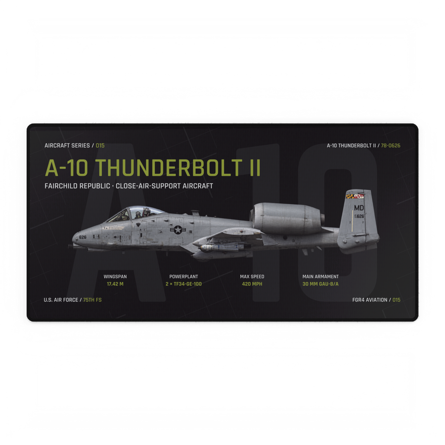 A-10 Thunderbolt II Aircraft Series Night Edition desk mat with side-profile U.S. Air Force A-10 Thunderbolt II 78-0626 technical design