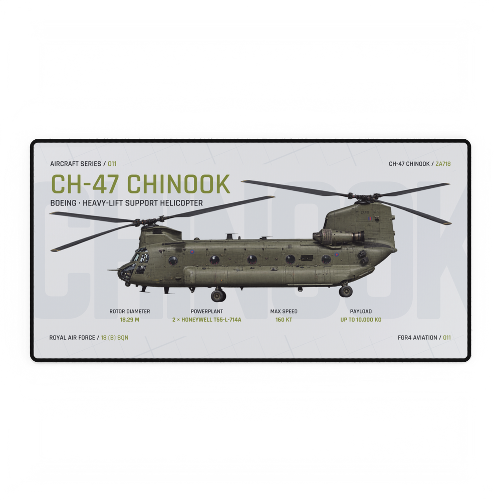 CH-47 Chinook Aircraft Series Studio Edition desk mat with side-profile RAF CH-47 Chinook ZA718 technical design