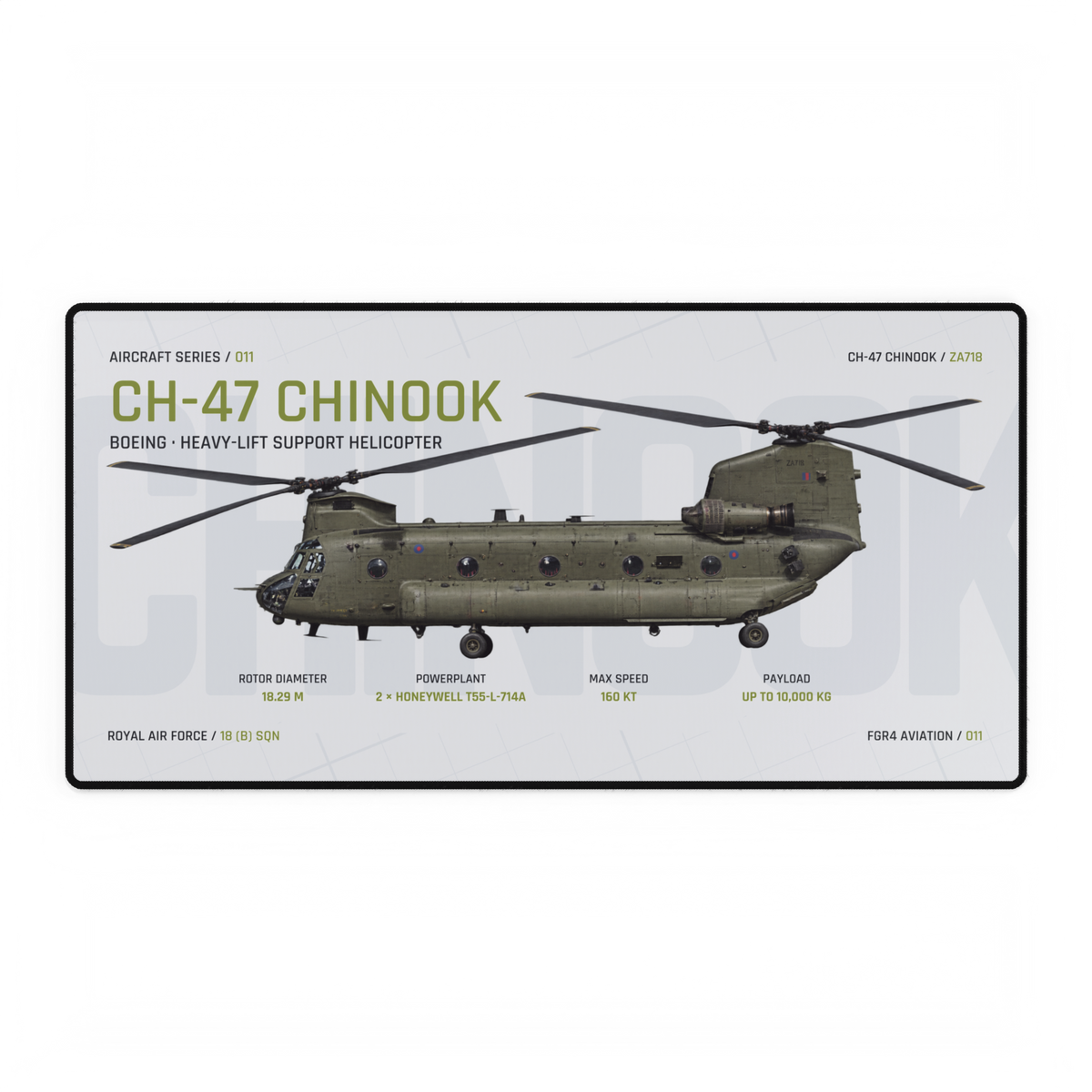 CH-47 Chinook Aircraft Series Studio Edition desk mat with side-profile RAF CH-47 Chinook ZA718 technical design